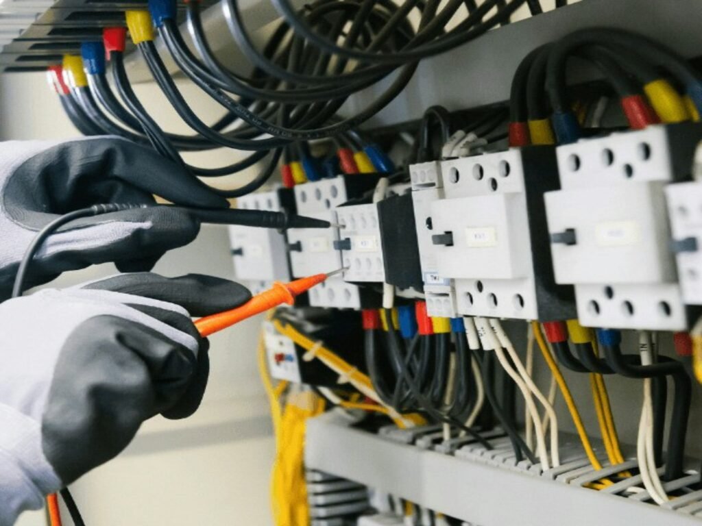 Electrician testing electrical panel in Oman